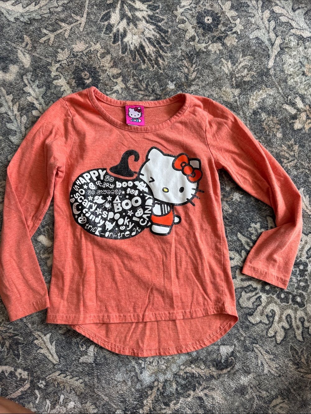Hello Kitty Coral-Orange Long Sleeve Tee with Graphic Pumpkin